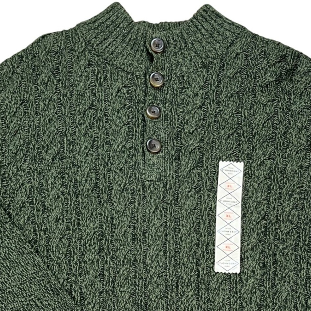 St Johns Bay Sweater Mens XL Green Long Sleeve Marled Knitted 4-Button Placket - Picture 2 of 11